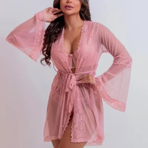 ROBE EM TULE LISO COM AMARRAÇÃO E RENDA